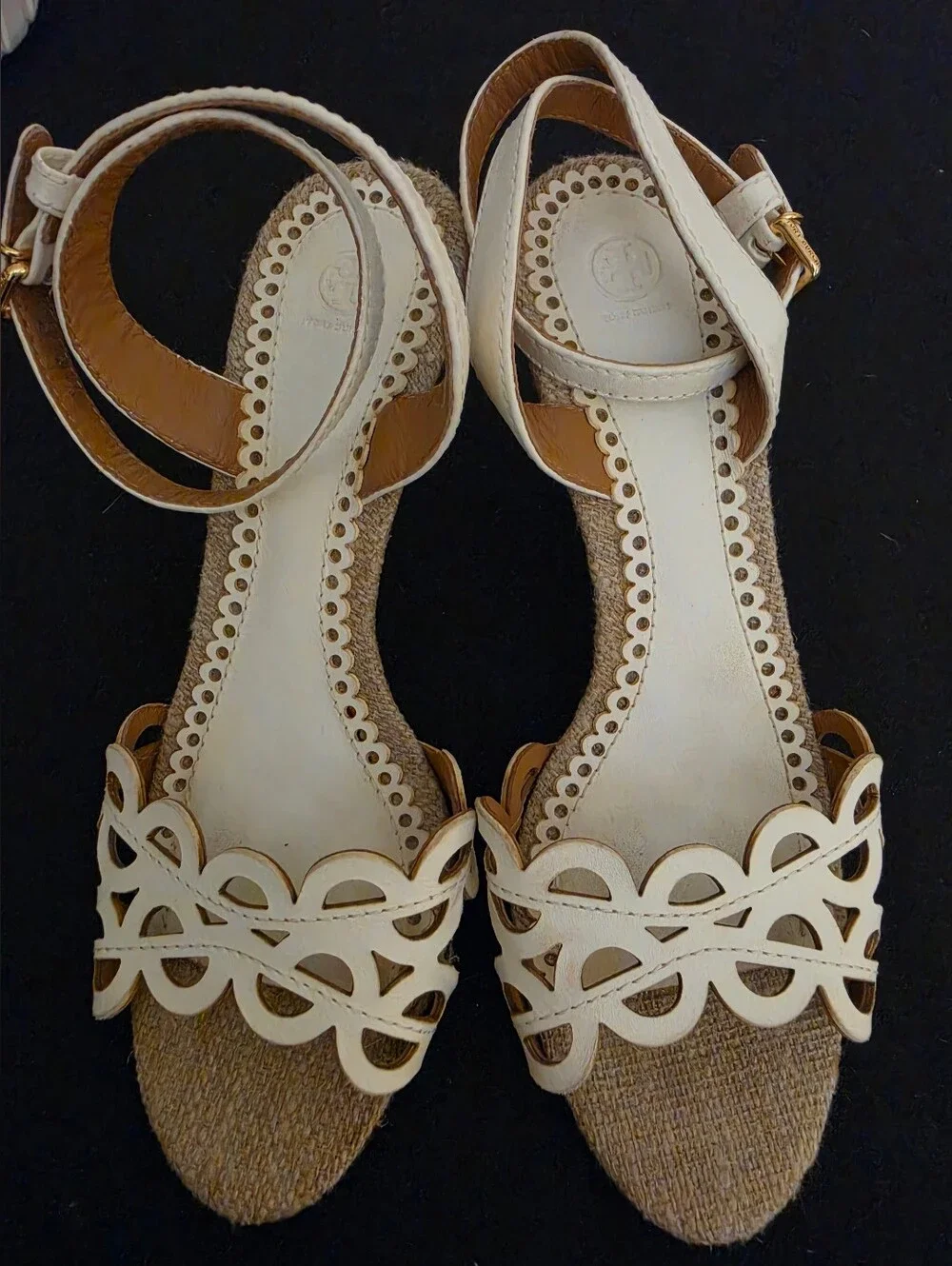 Tory Burch Cream Scalloped Cutout Ankle-Strap Sandals with Jute Footbed